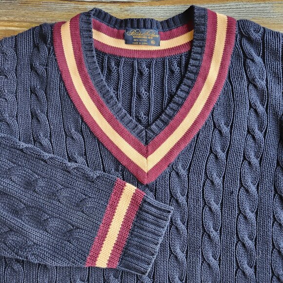 Vintage Brooks Brothers Cotton Cable Knit Cricket V-Neck Sweater Navy - Picture 2 of 10